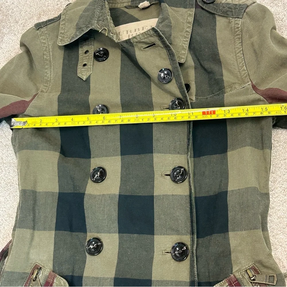 Burberry Brit Check Trench Coat Jacket double breasted Short Linen green belted - Picture 8 of 16